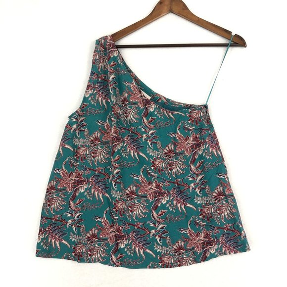 LOFT NWT Women's Size Small Iris Teal Blue Red Printed One Shoulder Top - Picture 1 of 11